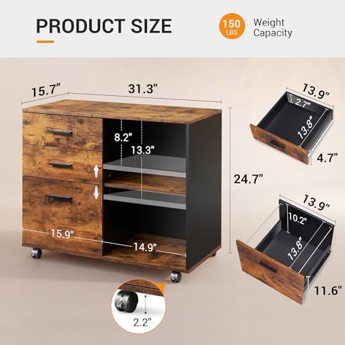 DEVAISE 3 Drawer Wood File Cabinet, Rolling Filing Cabinet with Open Storage ...