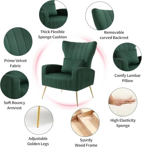 Modern Accent Chairs Set of 2, Wingback Chair with Arm & Gold Legs, Livin...