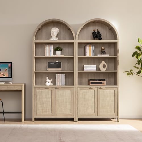 SICOTAS 84.2" Tall Arched Bookcase with Doors - 5 Tier Rattan Bookshelf