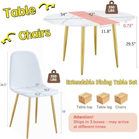 FURNITO Round Dining Table Set for 6, 42"-54" Extendable Dining Room Table Set for 6, White Kitchen Table with Upholstered Chairs Set of 6, 7 Piece Dining Table Set for Small Spaces, Easy Assembly