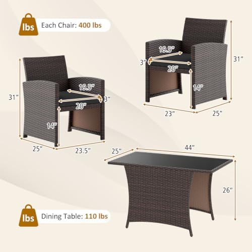 HAPPYGRILL 3 Pieces Patio Wicker Dining Set, Balcony Furniture Set w/Tempered...