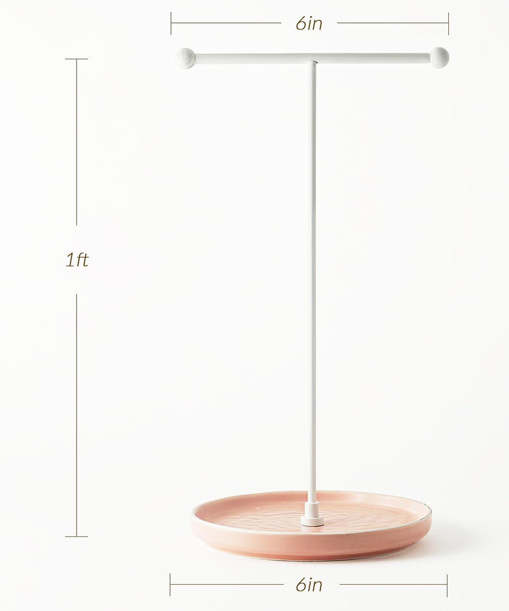 VROOMIUM Necklace Holder Stand - 6in Ceramic Base X 1ft Height, Aesthetic Decor for Bedroom, Jewelry Organizer for Necklace, Bracelets, Rings, Exhibidor de Collares- Romantic Pink