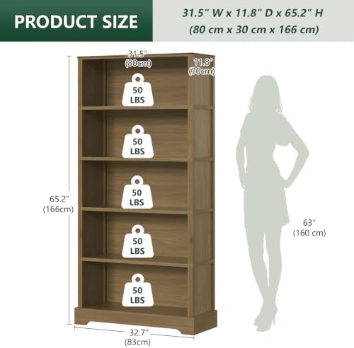 TVU 5 Tiers Wooden Bookshelf, 65.2" Tall Farmhouse Style Open Bookcase, ...