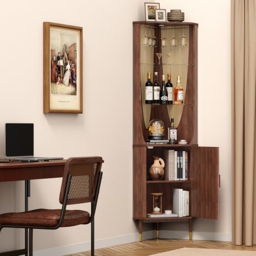 JOINICE Tall Corner Bar Cabinet for Liquor,Mid-Century Modern,Walnut,70"