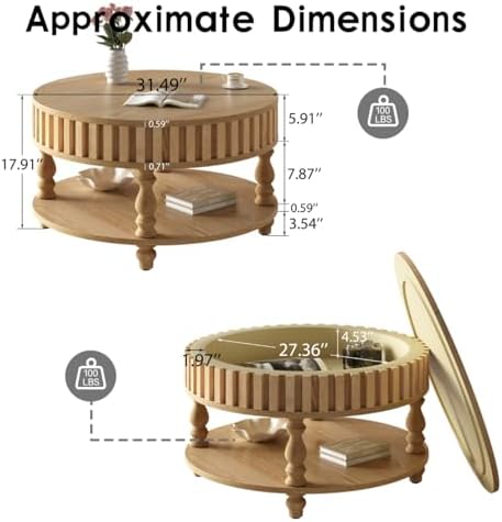 TesNus 31.5'' Round Coffee Table with Storage, Modern Wood Coffee Table for Living Room, Small Center Table with Hidden Compartment & Open Shelf, Farmhouse Boho Mid Century Coffee Tables, Natural Wood