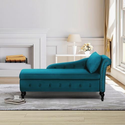 Velvet Chaise Lounge w/Right Armrest & Storage Space, Teal | Button Tufte...