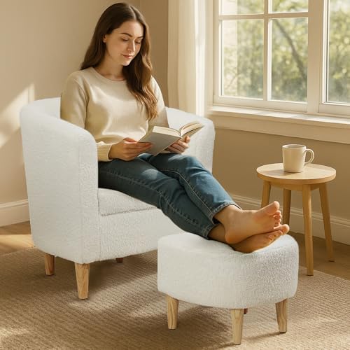 DAZONE Sherpa Accent Chair with Ottoman White Fluffy Teddy Barrel Armchair | ...