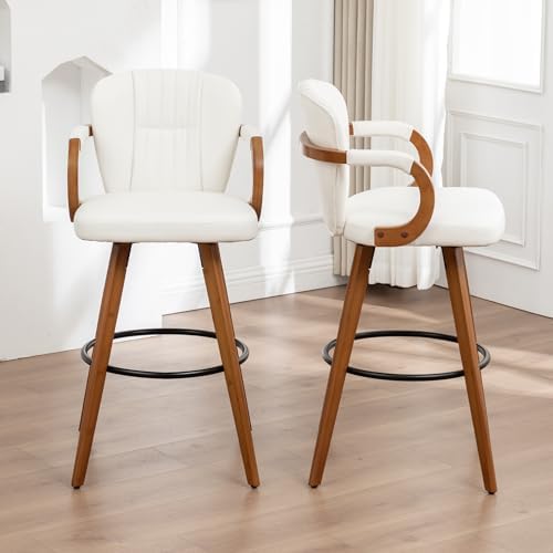26" Swivel Counter Height Bar Stools with Back White Faux Leather Kitche...