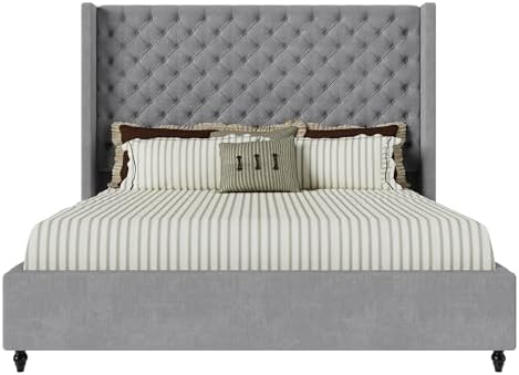 Jocisland Queen Bed Frame with 63" Tall Wingback Headboard, Grey