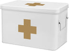 Flexzion First Aid Box Organizer Empty 13" White Vintage First Aid Kit Tin Metal Medical Box - First Aid Storage Box Container Bins with Dividers, Removable Tray and Gold Cross Logo