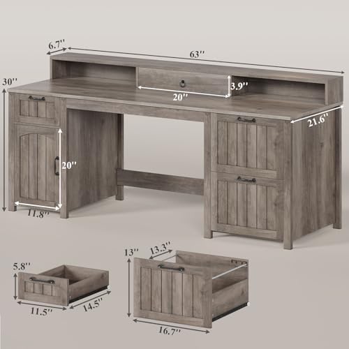 SEDETA 63" Farmhouse Executive Desk with Drawers and Storage Cabinet, Grey