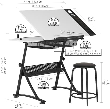 Fusion Drafting Table with Stool, Height Adjustable Desk with Tilt Top, Charc...