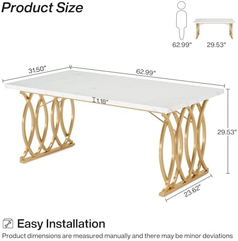 Tribesigns 63" Dining Table for 4 to 6, White and Gold Kitchen Table
