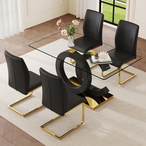 63" Glass Dining Table Set for 4, Modern Dining Table Set for 4, Tempere...