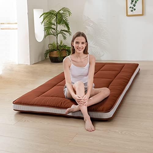 MAXYOYO Futon Mattress, Japanese Floor Mattress Quilted Bed Mattress Topper, Extra Thick Mattress Folding Sleeping Pad Breathable Floor Lounger Guest Bed for Camping, Coffee, Twin