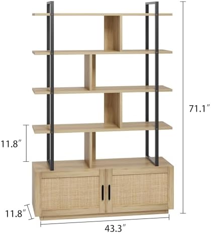 GAOMON 71.1 Inch 5 Tier Rattan Bookshelf with Storage Cabinet & Door