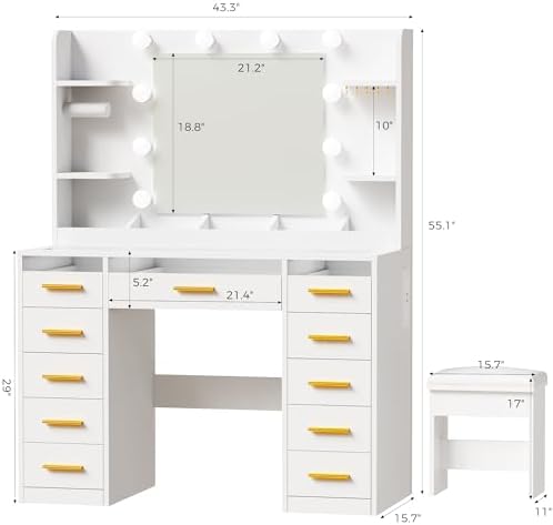 Large Makeup Vanity with Mirror and Lights, 11-Drawer RGB Vanity