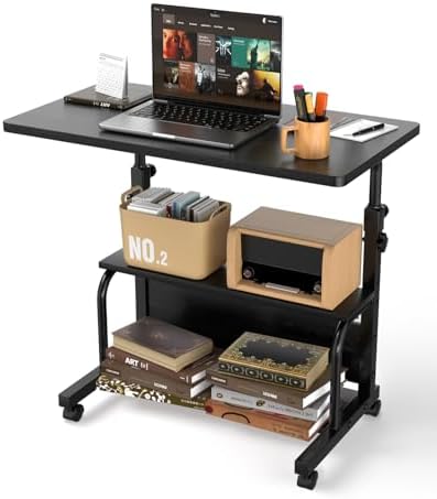 QZMDSM Portable Rolling Desk on Wheels Adjustable Height Desks for Small Spac...