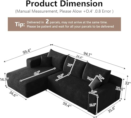 95" Cloud Sectional Couch with L-Shape Chaise, Modern Cloud Couch with D...