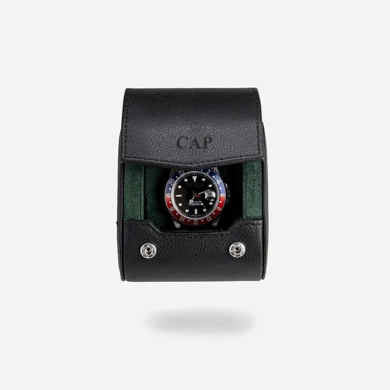DailyWatch | Personalized Watch Roll Travel Case For 1 Watches - Handmade Genuine Leather Travel Case With Custom Engraving of Name or Initials - Black Green