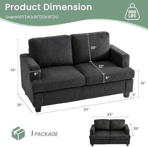 2 Pieces Corduroy Couch Set for Living Room, Black Cloud Sofa, Deep Seat Floo...