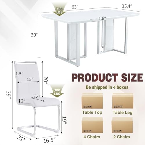 63" White Marble Dining Table Set for 6, Modern Faux Marble Dining Table with Chrome Plate Leg, Kitchen Table with 6 PU Chairs for Kitchen Dining Room, White