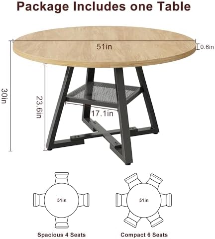 Jocoevol 51'' Round Dining Table for 6,Kitchen Dining Room Circle Din...