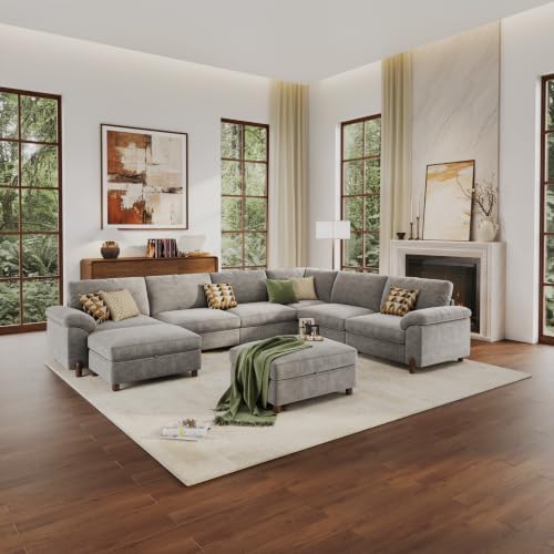 SITJOY Cloud Couch Sectional, 6 Seater V-Shaped, Chenille in Light Gray | Det...