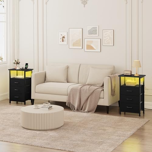 Vagusicc Night Stand Set 2 with Charging Station, LED Nightstand for Bedroom,...