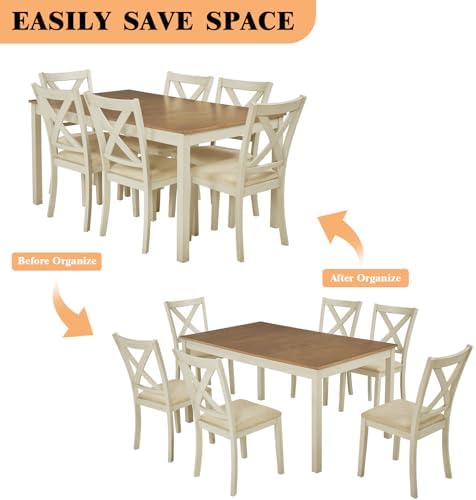 LUXOAK 7-Piece Farmhouse Kitchen Table and Chairs Set for 6, Rustic Cream