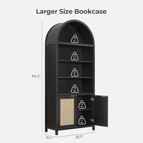 SICOTAS 84.2" Tall Arched Bookcase with Doors - 5 Tier Rattan Bookshelf