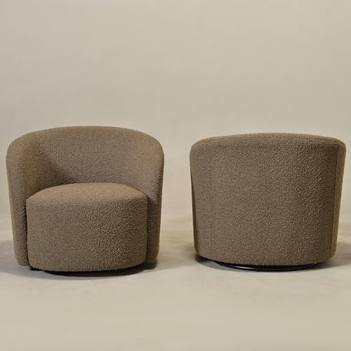 KINWELL 34" W Swivel Barrel Chair Set of 2, Mid Century Modern Round Upholstered Boucle Swivel Accent Chairs, No Assembly Sofa Chair for Living Room Bedroom Reading, Teddy Brown
