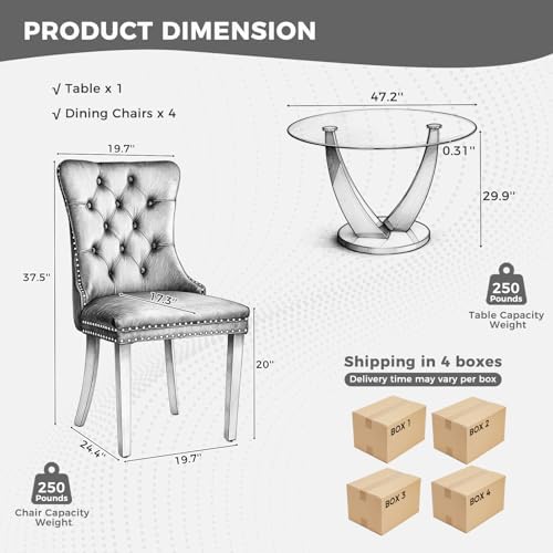 47.2 Inch Round Glass Dining Table Set for 4, Silver Round Kitchen Table with 4 Upholstered Velvet Accent Chairs, 5 Piece Modern Dining Room Set, for Home, Apartment, Kitchen - Blue Chairs