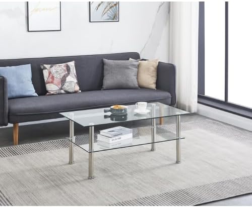 Modern Glass and Metal 2-Tier Side Table, Transparent Tstructure with Storage...