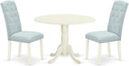 East West Furniture DLCE3-WHI-15 3 Piece Dining Table Set Contains a Round Dining Room Table with Dropleaf and 2 Baby Blue Linen Fabric Upholstered Chairs, 42x42 Inch, Linen White