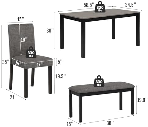 Zevemomo 6-Piece Solid Wood Dining Table Set, Wooden Legs, Dark Grey