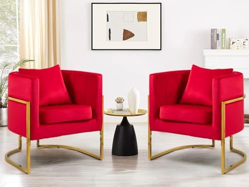 Velvet Accent Barrel Chairs Set of 2, Modern Arm Club Chair Set with Pillow f...