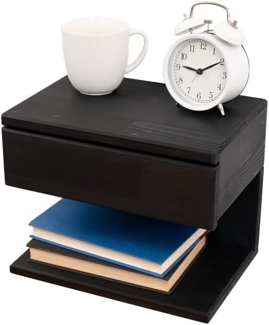 Floating Nightstand Side Accent or End Table with Storage Drawer, Wood Bedside Shelf, Handmade Floating Table, Nightstand Shelf (Black)