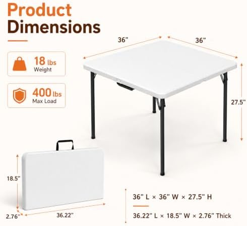 36" Square Folding Card Table - Plastic Portable Folding Table with Carr...