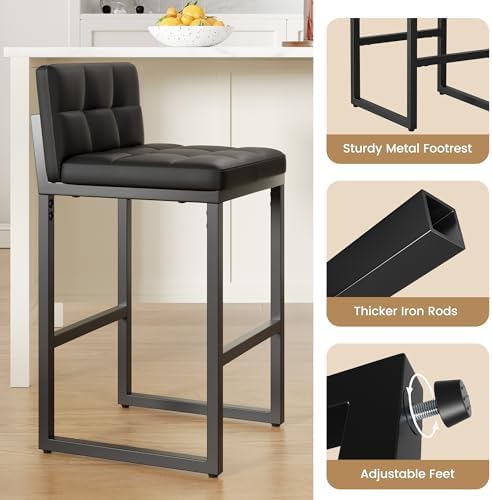 Bar Stools Set of 2, Modern Counter Height Bar Stools, Black | 24" Faux ...