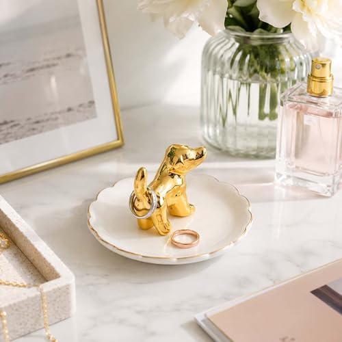 Ceramic Dog Ring Holder with White Dish,Ring Dish Trinket Tray for Rings,Earrings,Jewelry Organizer,Gifts for Women (Dog-B)