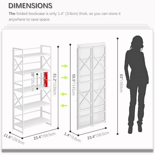 4NM 5 Tiers No Assembly Book Shelves, 51.2" H Folding Bookshelf Bookcase...