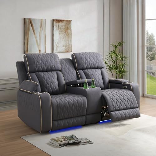 Power Reclining Sofa Set with USB Charging/LED, Blueish Grey Leather Recliner...