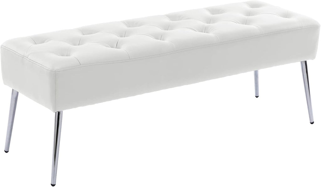 DUHOME Button-Tufted Ottoman Bench, Upholstered Footrest Stool Rectangular Dining Bench Leather Accent Bench for Entryway Dining Room Living Room Bedroom, White