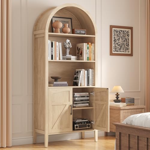 ONBRILL 71" Arched Display Bookshelf, 5-Tier Arched Bookcase W/Door, Oak