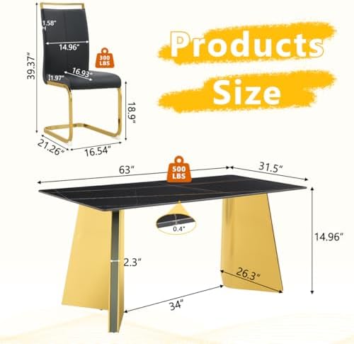 TesNus 7 Pieces Dining Table Set,63" Marble Kitchen Room Table with 6 Black Chairs,Rectangle Sintered Stone Top with Gold Legs,Large Dinner Table Set for 6 Person for Kitchen Dining Room