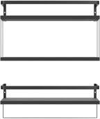 RICHER HOUSE 2+1 Tier Wall Mounted Floating Shelves Set of 2, Rustic Wood Wall Shelf with Metal Frame, Extra Storage Rack for Bathroom, Kitchen, Bedroom with Tissue Rack & Towel Bar - Black