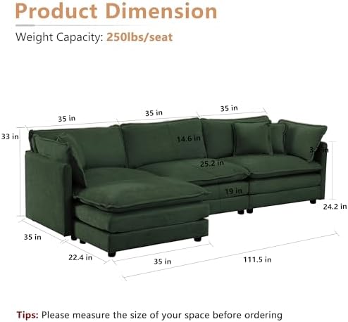 mikibama Modular Sectional Sofa, 111.5 Inch L Shaped Couch Set for Living Roo...