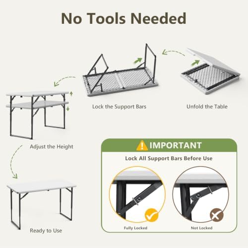 Folding Table and Chairs Set for 4, 4FT Adjustable Height Plastic Folding Tab...