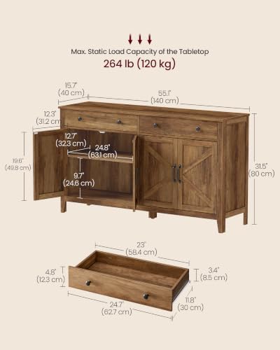 VASAGLE Farmhouse Buffet Cabinet, Coffee Bar with 2 Drawers